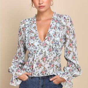 Lulus Floral Ruffle Peplum Sheer Long Sleeve Romantic Top | Size M